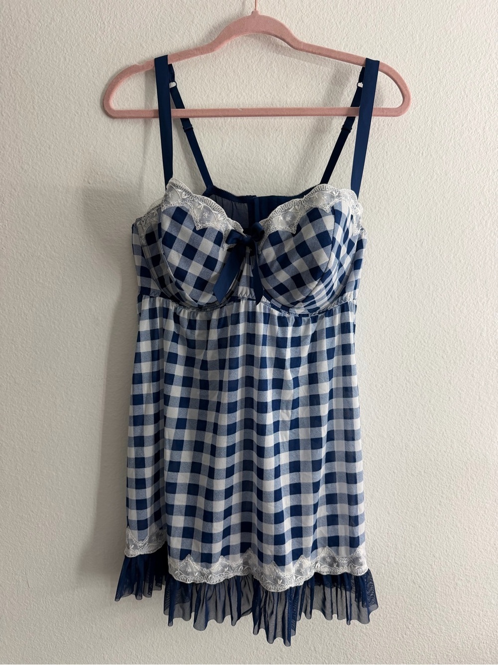 Cacique Blue Plaid Gingham Cottage Core Lace-Trim Babydoll Chemise Size 22/24